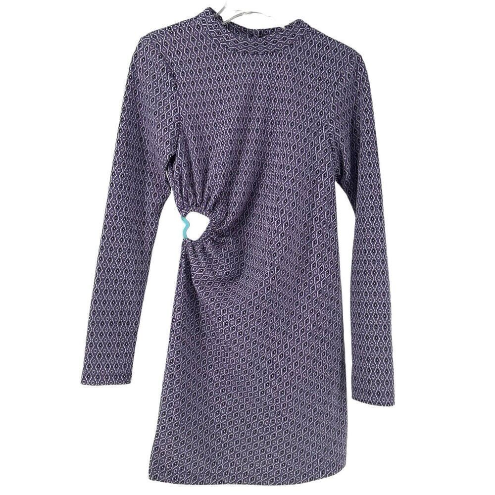 ZARA Dress Purple Open Back Heart Jacquard Size M Disco Long Sleeve Groovy Mock